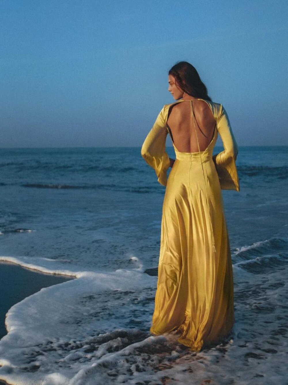 Weitese Gold Dress Floor Length Goddess Bell Sleeve Dress Deep V Neck - Picture 5 of 6